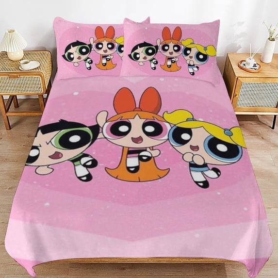 The Powerpuff Girls 3 Pieces Bedding Set 3D Printed Lightweight Bed Quilt Set Comforter Cover Set for Girls Kids Teens, 1 Quilt Cover 2 Pillowcases 102"x90"