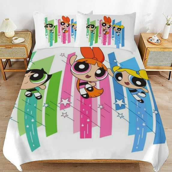 The Powerpuff Girls 3 Pieces Bedding Set 3D Printed Lightweight Bed Quilt Set Comforter Cover Set for Girls Kids Teens, 1 Quilt Cover 2 Pillowcases 90"x90"