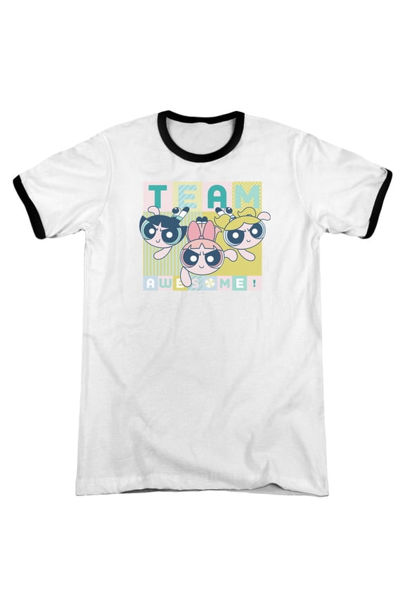 Powerpuff Girls Awesome Block Adult Ringer White/Black
