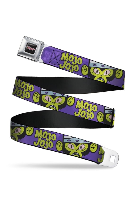 Powerpuff Girls Belt, Seatbelt Buckle Belt, Mojo Jojo Face Close Up And Text Purple Green, 34 to 52 Inches