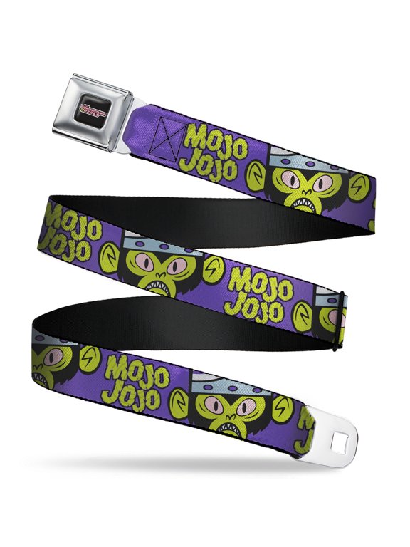 Powerpuff Girls Belt, Seatbelt Buckle Belt, Mojo Jojo Face Close Up And Text Purple Green, Youth 22 to 32 Inches