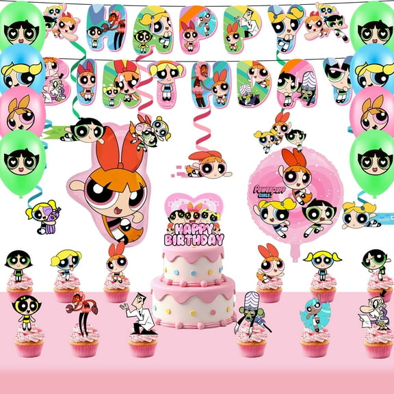 35Pcs The Powerpuff Girls Party Decorations Set- The Powerpuff Girls Birthday Banners Tablecloth & Balloons Cake Toppers etc. The Powerpuff Girls Party Supplies for Girls/Kids