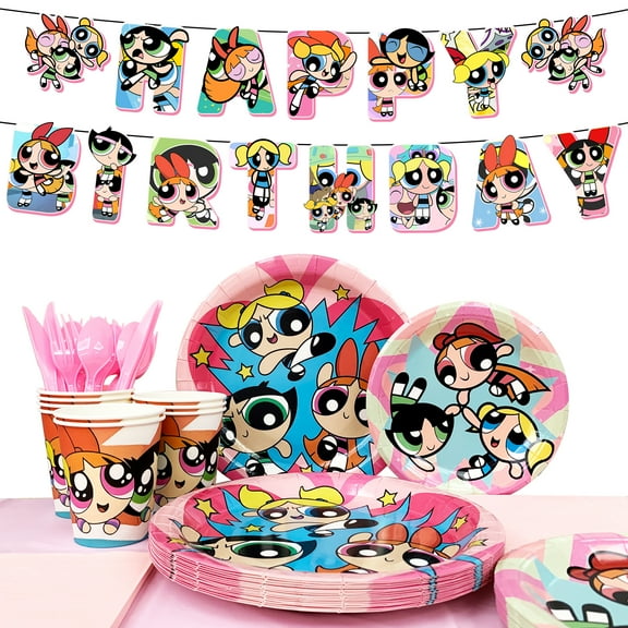The Powerpuff Girls Birthday Party Supplies,The Powerpuff Girls Tableware Set - The Powerpuff Girls Party Plates Napkins Cups Tablecloth & Birthday Banners for The Powerpuff Girls Theme Party Decor