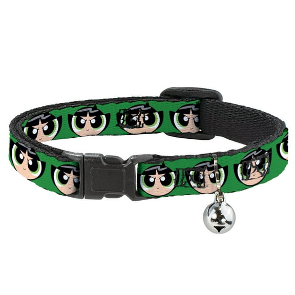 Powerpuff Girls Breakaway Cat Collar With Bell, Plastic Clip, Easy Adjustable, The Powerpuff Girls Buttercup Face Close Up Green, 8.5 to 12 Inches 0.5 Inch Wide