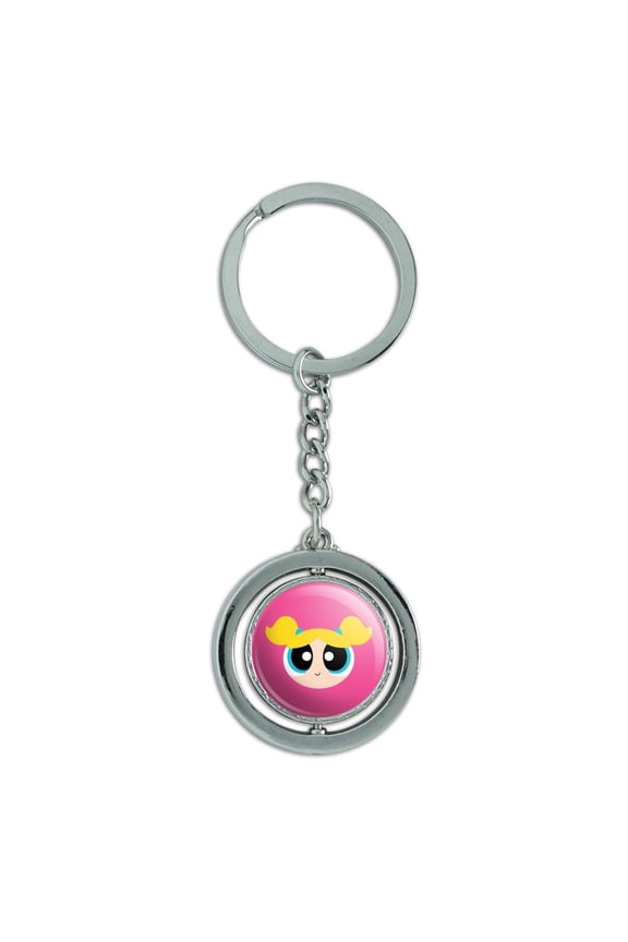 Powerpuff Girls Bubbles Head Keychain Spinning Round Chrome Plated Metal