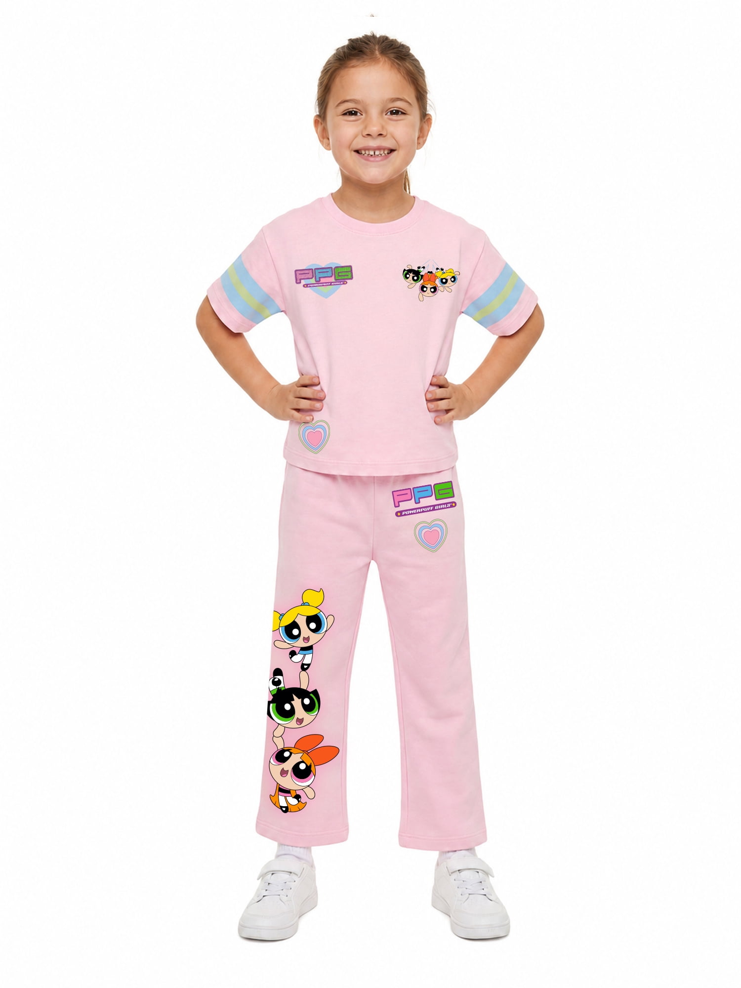 Powerpuff Girls Girls' Athletic Front & Back T-shirt with Embroidery & Straight Leg Fleece Pants, 2-Piece, Sizes 4-16