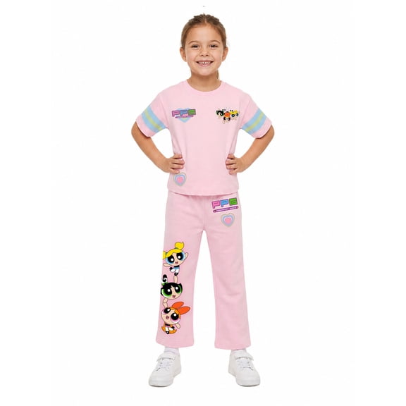 Powerpuff Girls Girls' Athletic Front & Back T-shirt with Embroidery & Straight Leg Fleece Pants, 2-Piece, Sizes 4-16