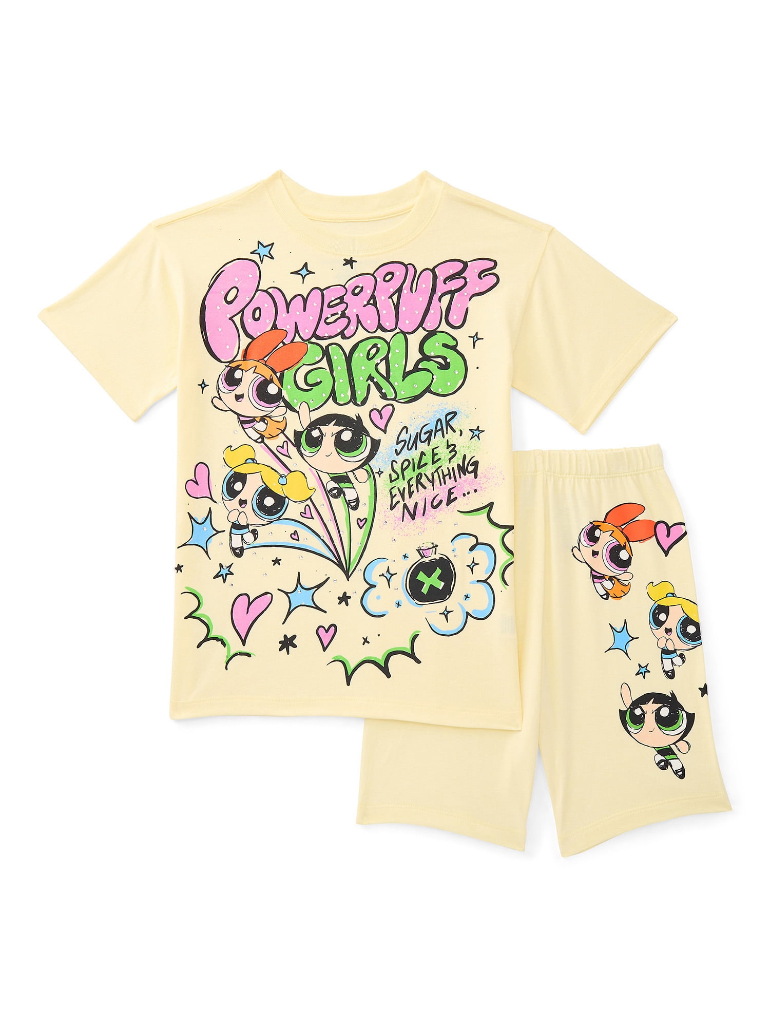 Powerpuff Girls Girls Rhinestones Graffiti Graphic Boyfriend Tee with Rhinestones and Bike Shorts Set, 2-Piece, Sizes 4-16