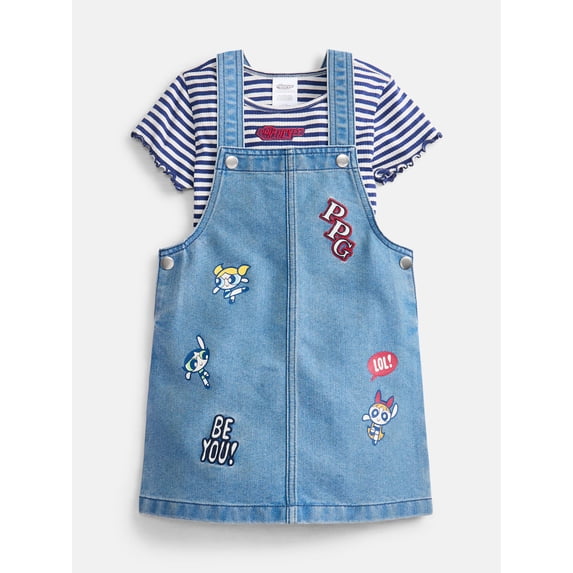 Powerpuff Girls Girls Graphic Ribbed Tee and Denim Jumper Dress Set, 2 Piece, Sizes 4-12