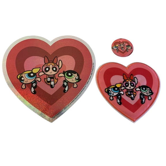 Powerpuff Girls Heart Patch & Pin Set Embroidered Patch, Metal Pin, and Sticker