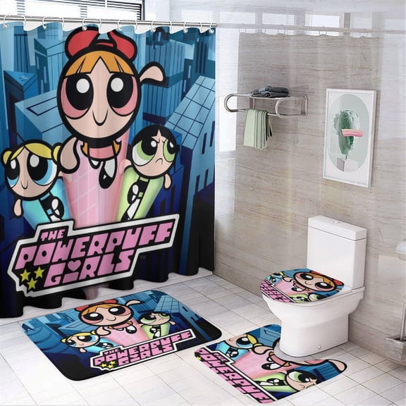 Powerpuff Girls Shower Curtain Set with Non-Slip Rug, Toilet Lid Cover, Bath Mat and 12 Hooks, Waterproof Shower Curtain Set for Bathroom