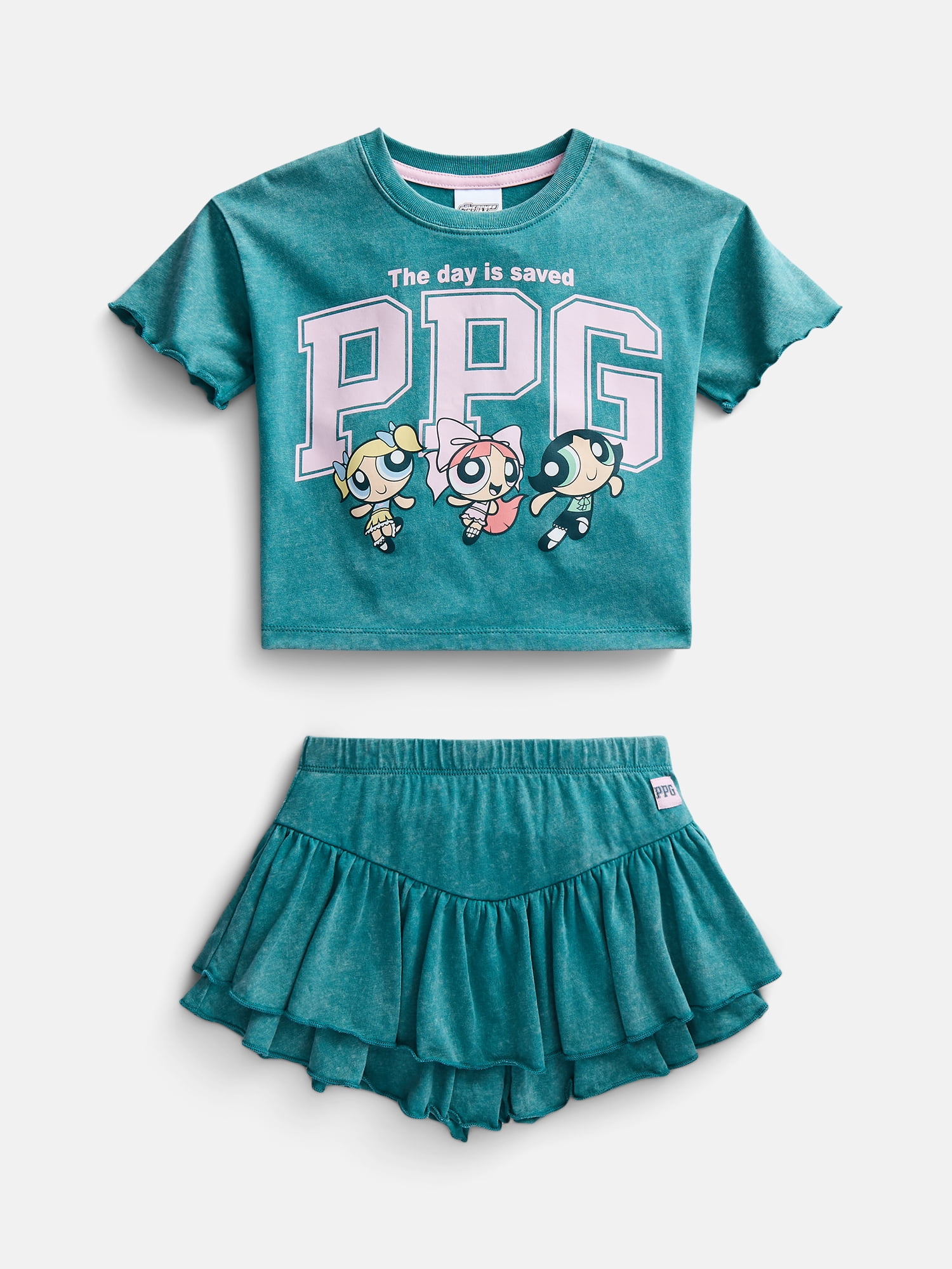Powerpuff Girls Toddler Girls Washed Graphic Tee with Short Sleeves and Tiered Skort Set, 2 Piece, Sizes 12M-5T