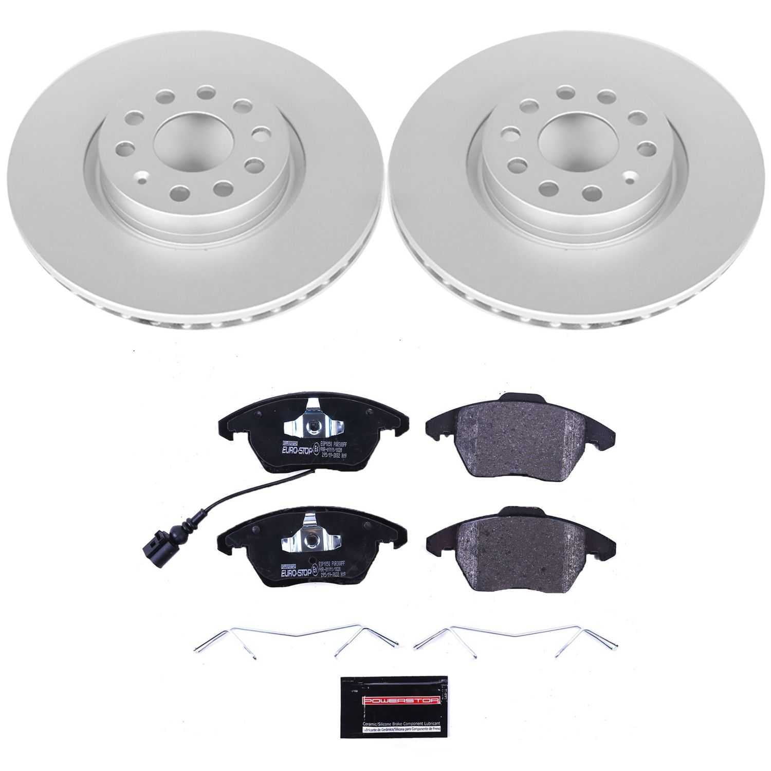 PowerStop ESK2259 Front GeoMet Coated Rotors, ECE-R90 Brake Pads + Hardware Kit