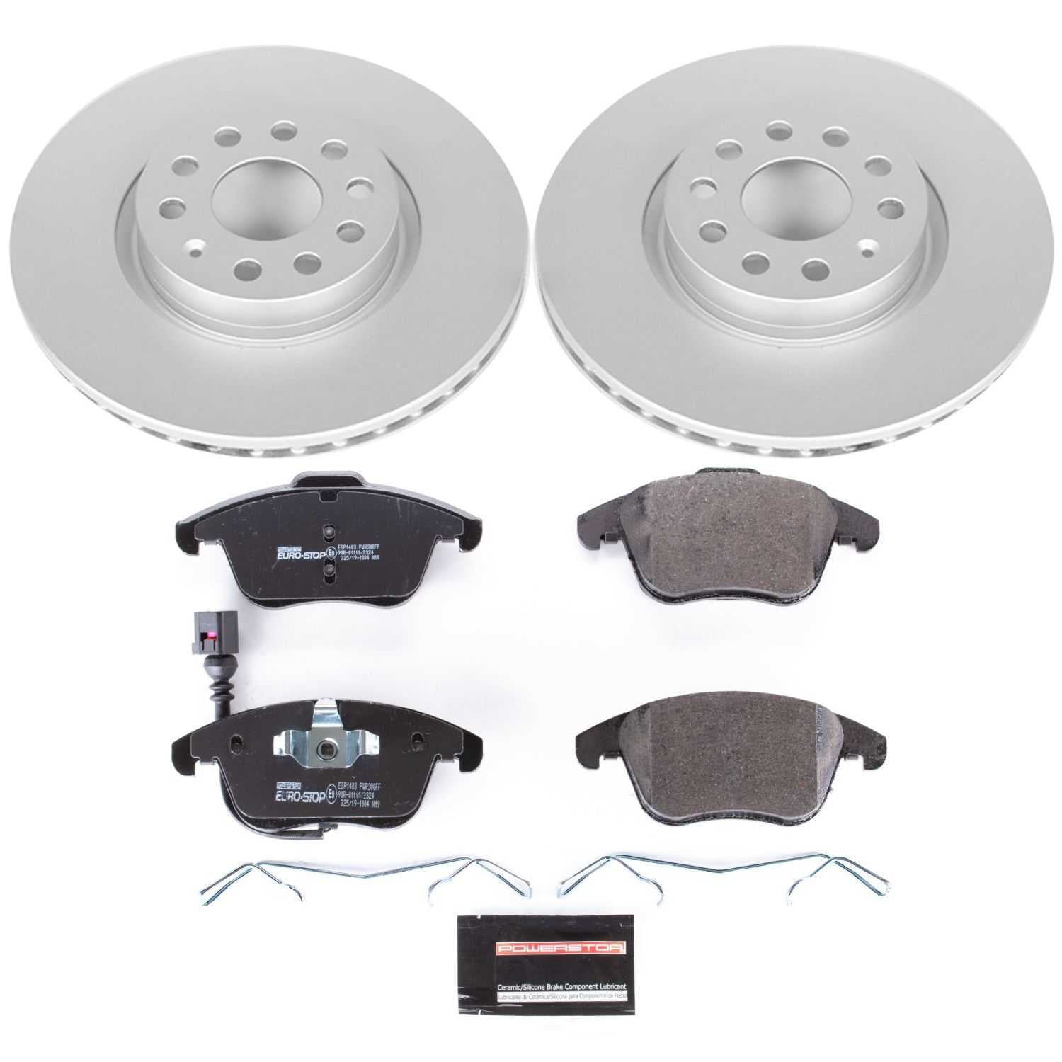 PowerStop ESK2963 Front GeoMet Coated Rotors, ECE-R90 Brake Pads + Hardware Kit