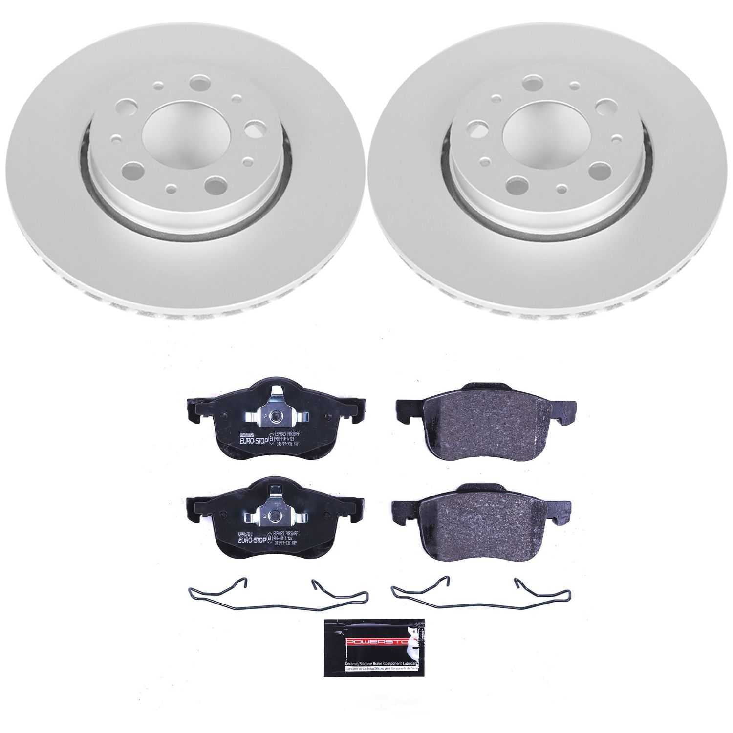 PowerStop ESK3004 Front GeoMet Coated Rotors, ECE-R90 Brake Pads + Hardware Kit