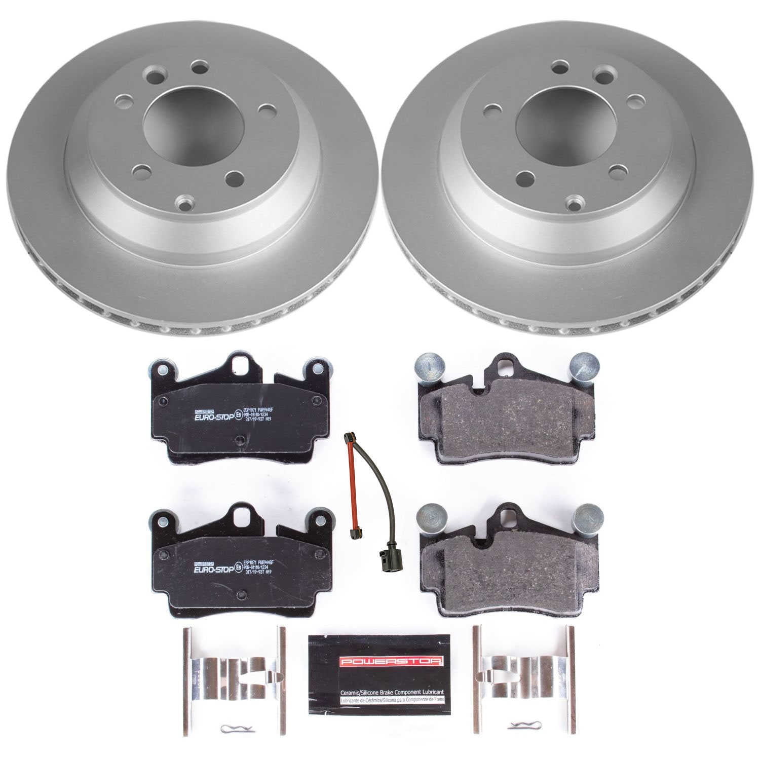 PowerStop ESK5312 Rear GeoMet Coated Rotors, ECE-R90 Brake Pads + Hardware Kit