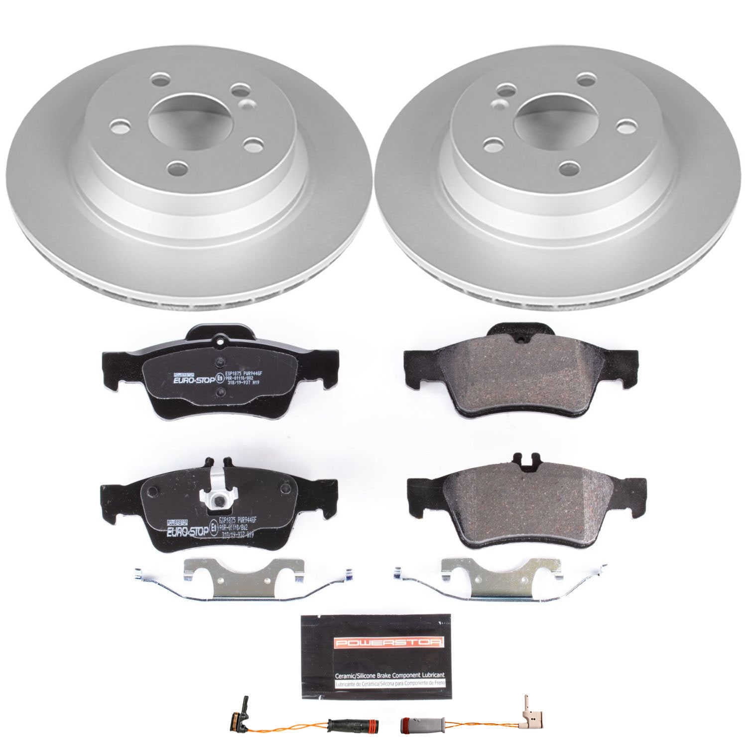 PowerStop ESK5322 Rear GeoMet Coated Rotors, ECE-R90 Brake Pads + Hardware Kit