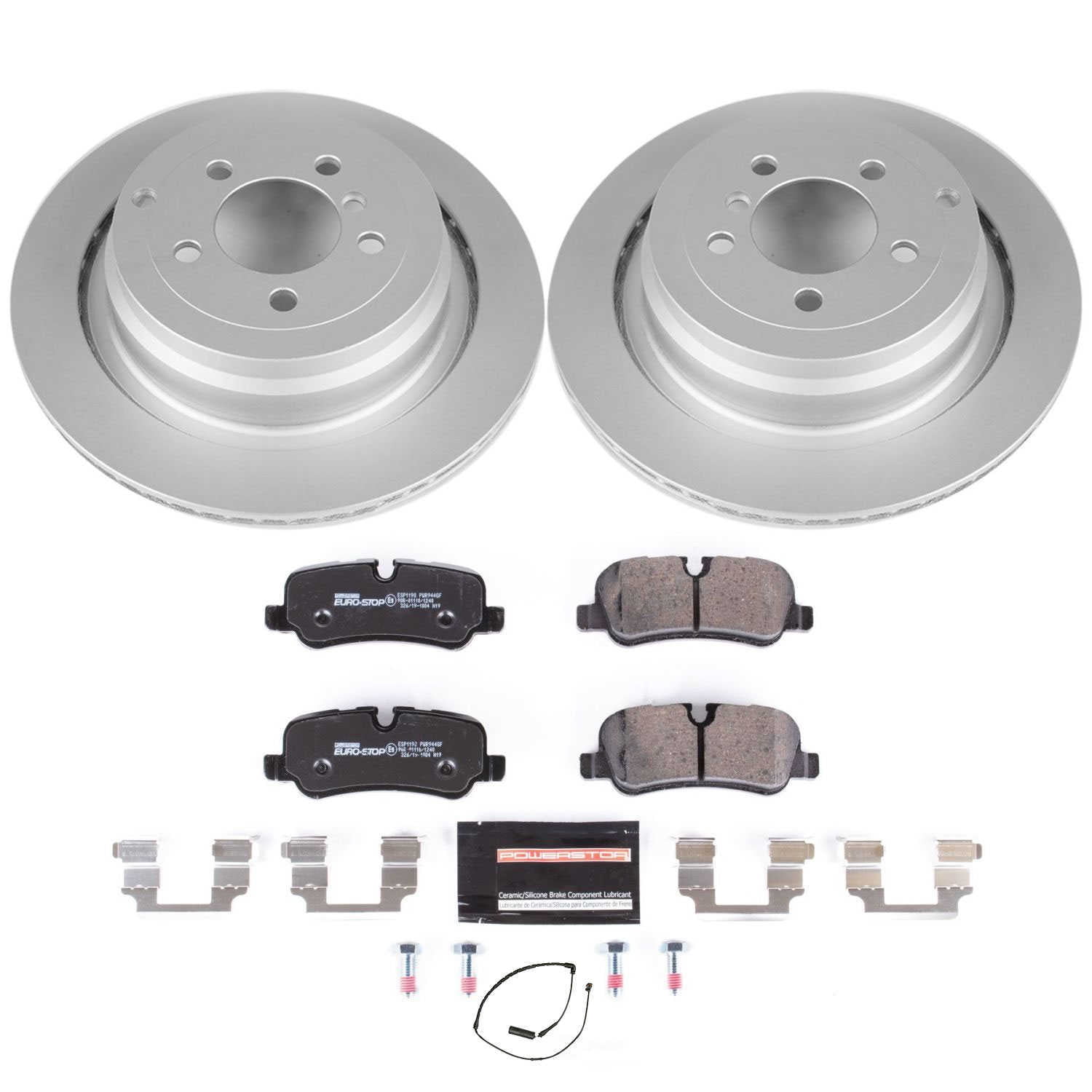 PowerStop ESK5624 Rear GeoMet Coated Rotors, ECE-R90 Brake Pads + Hardware Kit