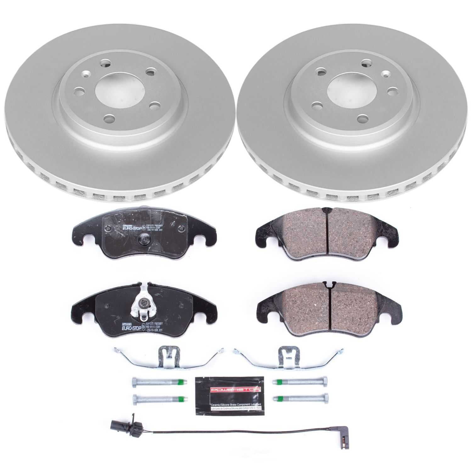 PowerStop ESK5752 Front GeoMet Coated Rotors, ECE-R90 Brake Pads + Hardware Kit
