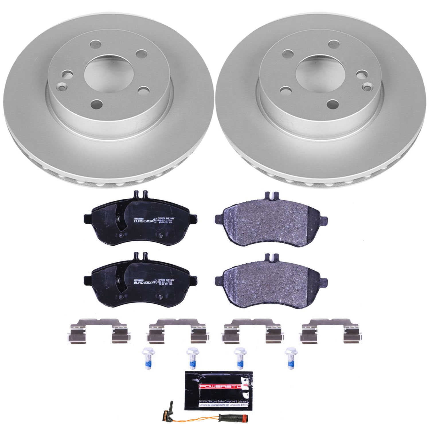 PowerStop ESK5790 Front GeoMet Coated Rotors, ECE-R90 Brake Pads + Hardware Kit