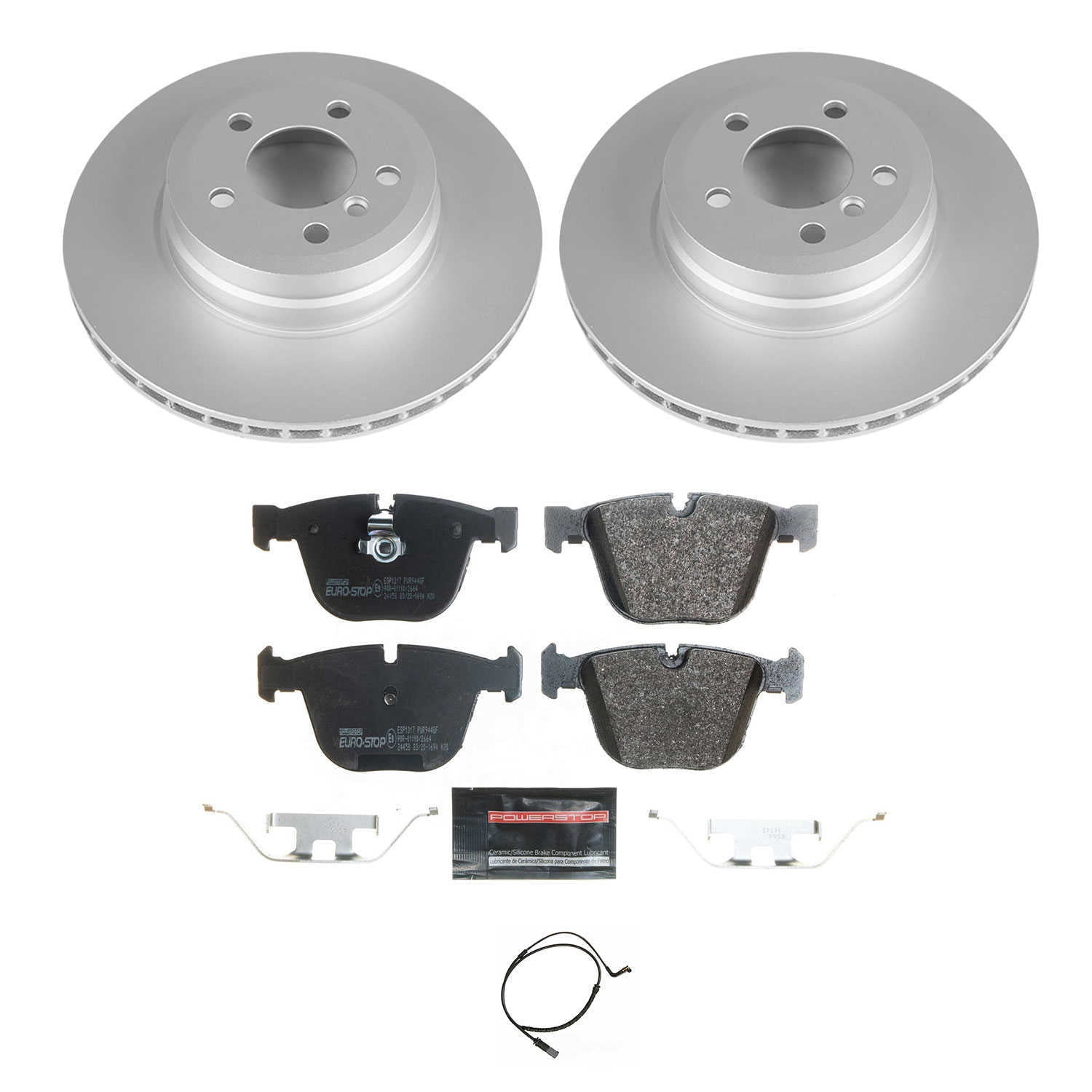 PowerStop ESK5985 Rear GeoMet Coated Rotors, ECE-R90 Brake Pads + Hardware Kit