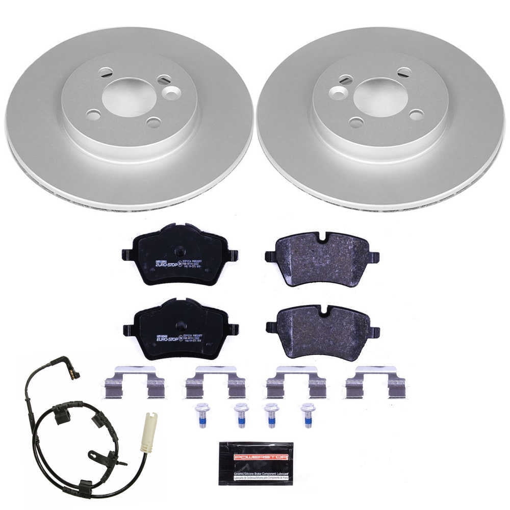 PowerStop ESK6068 Front GeoMet Coated Rotors, ECE-R90 Brake Pads + Hardware Kit