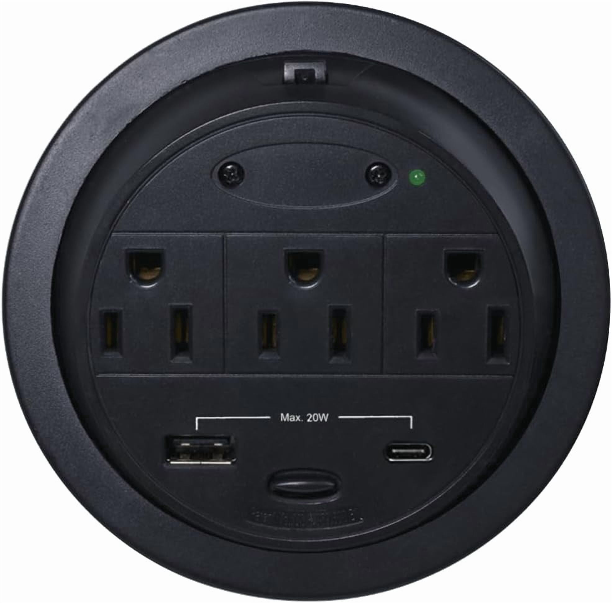 Powertap Desk Outlet Power Grommet - 3 Power Outlets + 1 Powered USB A & 1 Powered USB C