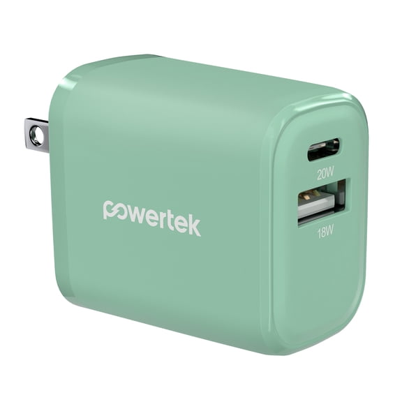 Powertek 20W USB-C + USB-A Wall Charger, Fast Charging Power Delivery Cube, Dual Port Compact Charger, Mint