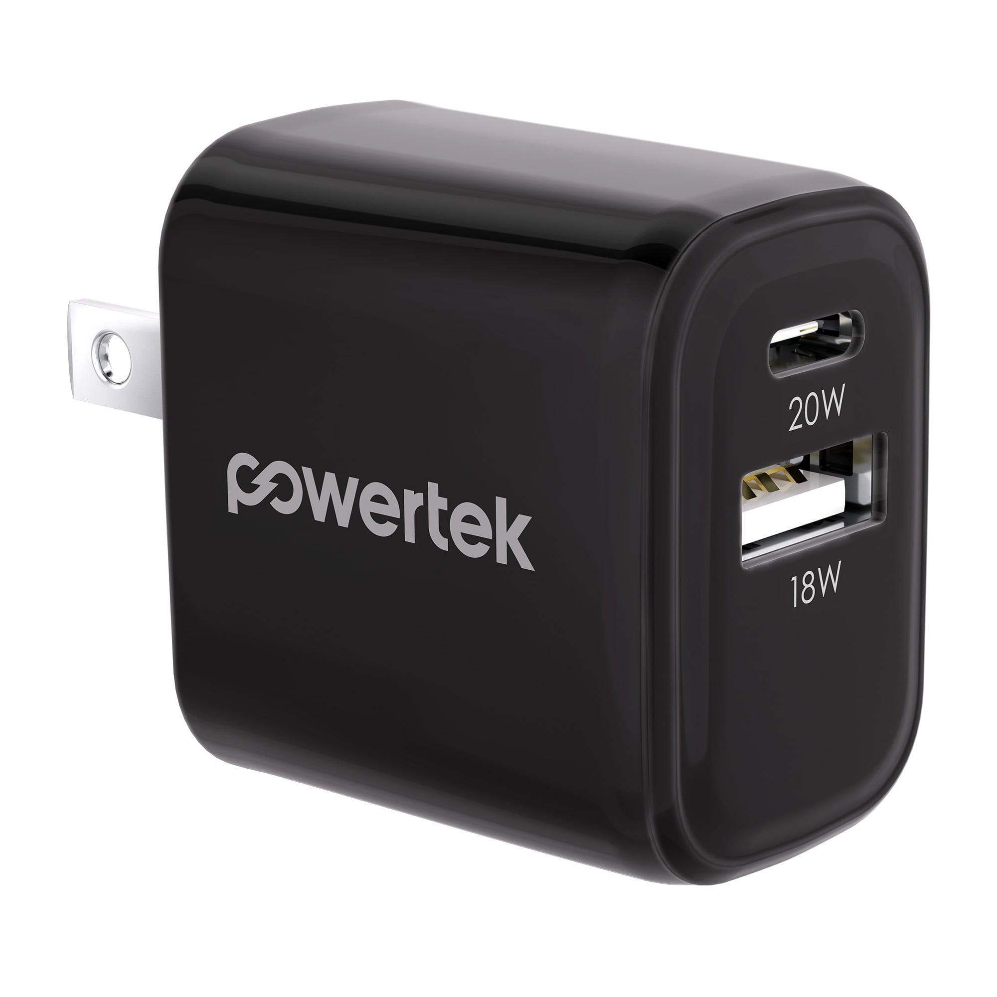 Powertek Luxe 20W USB-C + 18W USB-A Fast Charging Dual Port Block, Black, Compatible with iPhone, Android, Tablets & USB Devices, Compact Travel Adapter