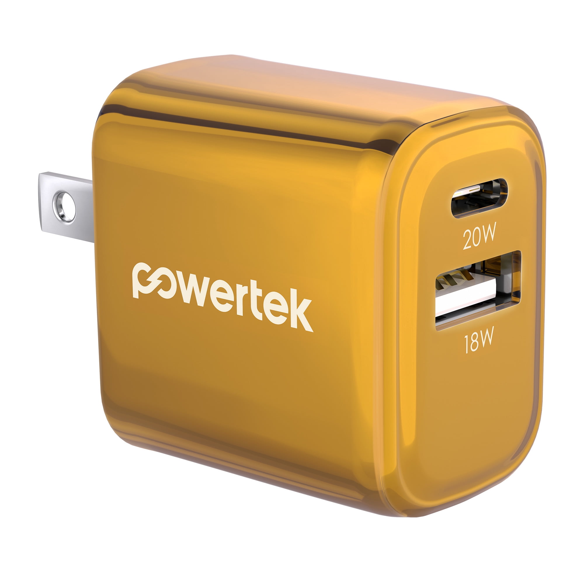 Powertek Luxe 20W USB-C + 18W USB-A Fast Charging Dual Port Block, Gold, Compatible with iPhone, Android, Tablets & USB Devices, Compact Travel Adapter