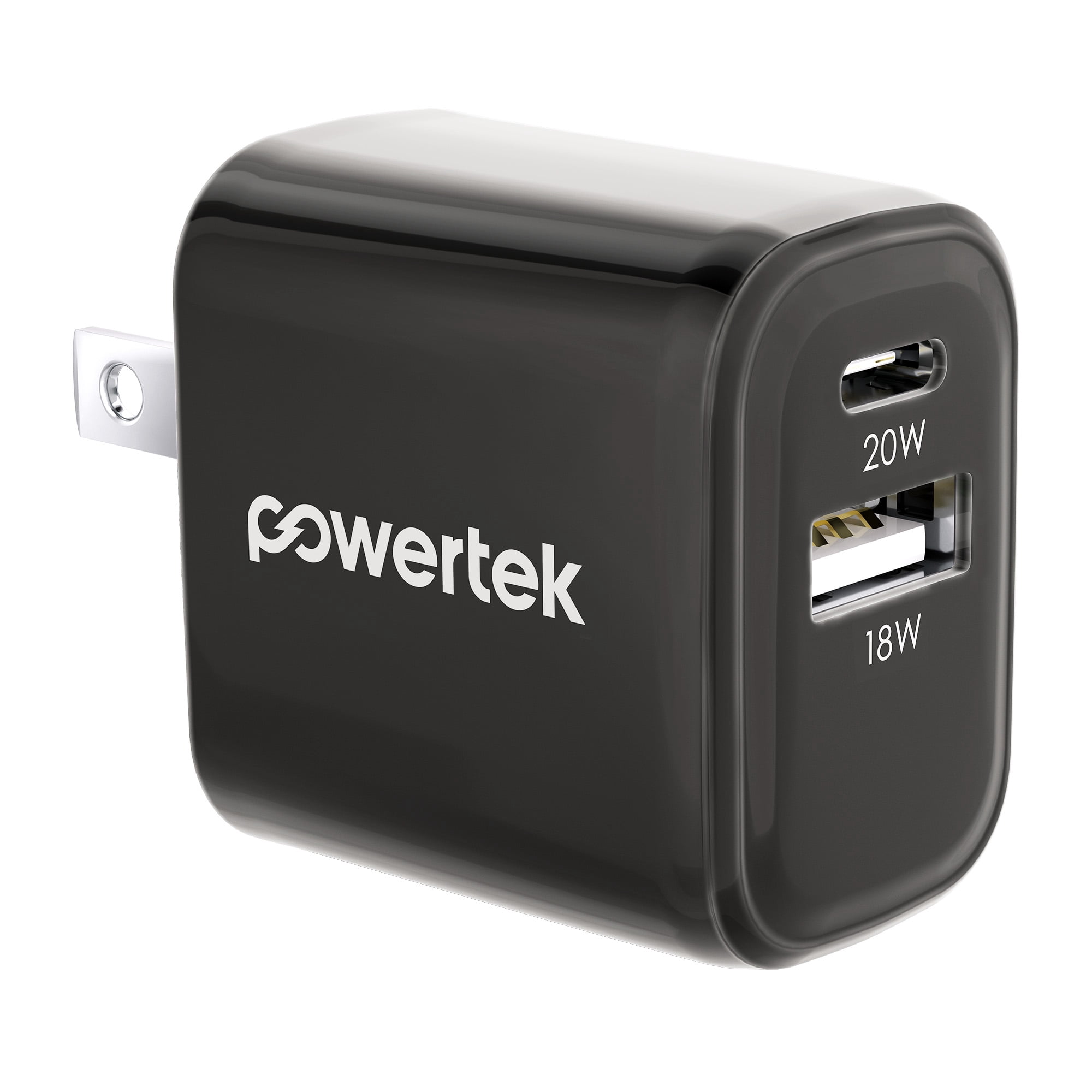 Powertek Luxe 20W USB-C + 18W USB-A Fast Charging Dual Port Block, Gray, Compatible with iPhone, Android, Tablets & USB Devices, Compact Travel Adapter