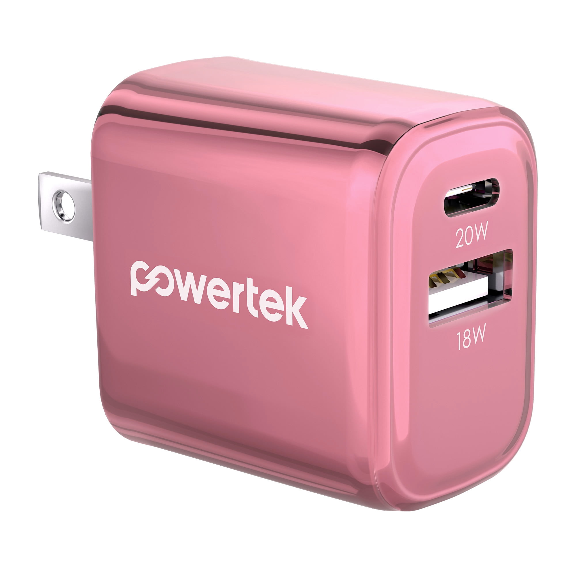 Powertek Luxe 20W USB-C + 18W USB-A Fast Charging Dual Port Block, Pink, Compatible with iPhone, Android, Tablets & USB Devices, Compact Travel Adapter