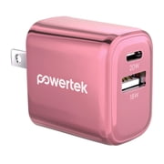 Powertek Luxe 20W USB-C + 18W USB-A Fast Charging Dual Port Block, Pink, Compatible with iPhone, Android, Tablets & USB Devices, Compact Travel Adapter