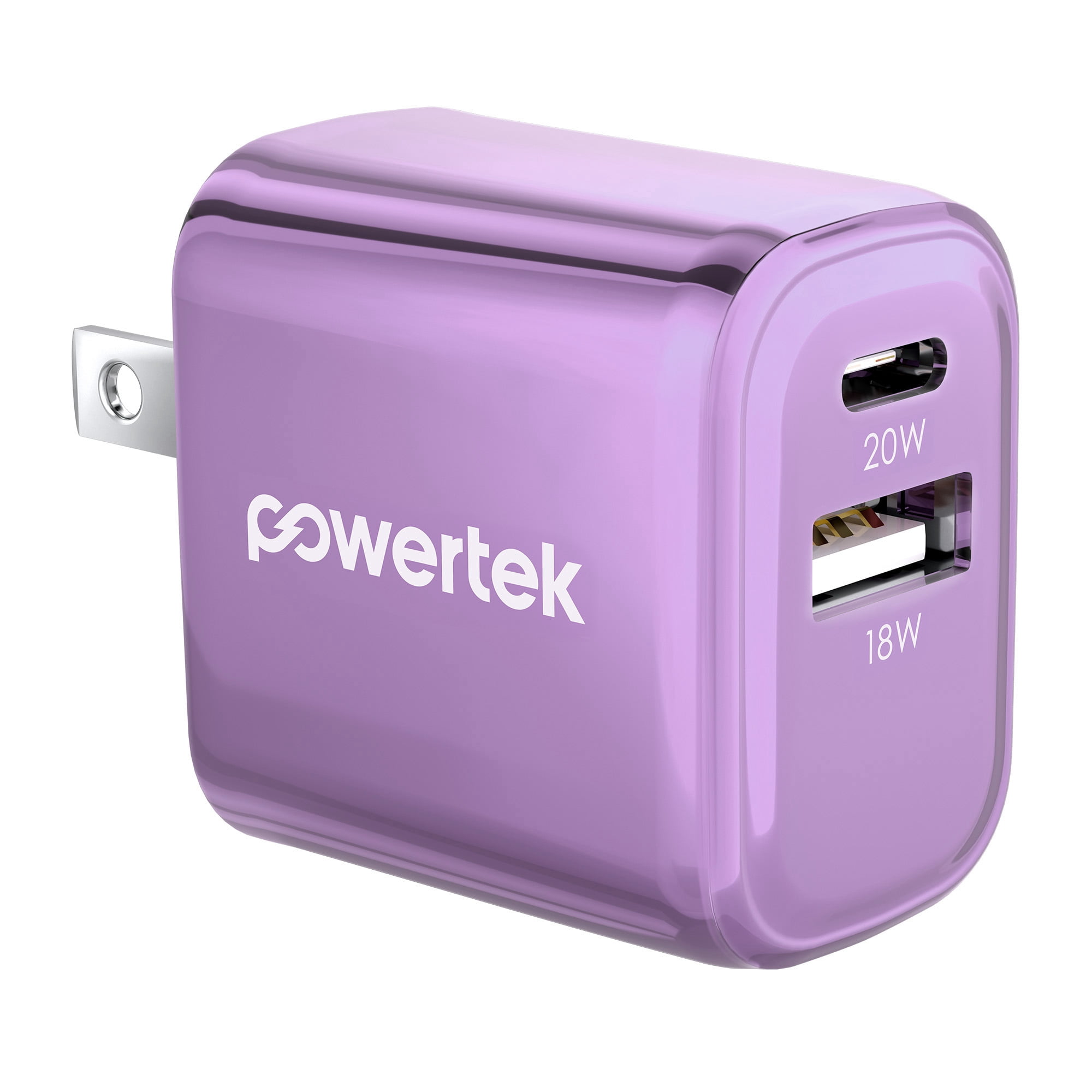 Powertek Luxe 20W USB-C + 18W USB-A Fast Charging Dual Port Block, Purple, Compatible with iPhone, Android, Tablets & USB Devices, Compact Travel Adapter