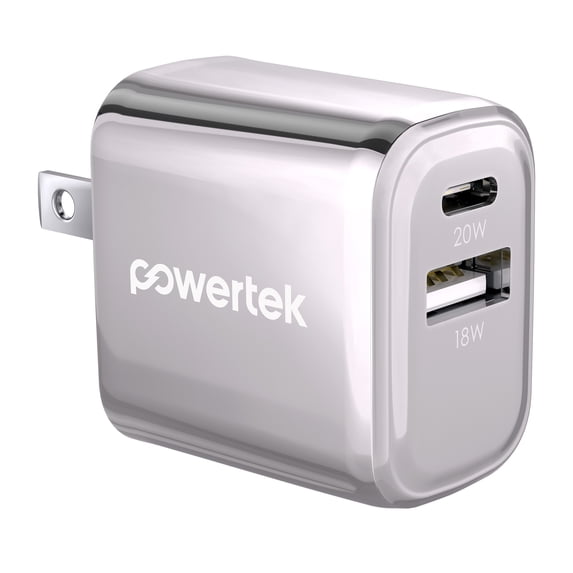 Powertek Luxe 20W USB-C + 18W USB-A Fast Charging Dual Port Block, Silver, Compatible with iPhone, Android, Tablets & USB Devices, Compact Travel Adapter