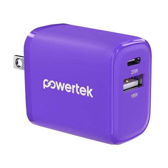 Powertek Neon Purple Dual Port Wall Charger, 20W USB-C PD + 18W USB-A, Fast Charging Block, Charge Two Devices, Compact Travel Adapter