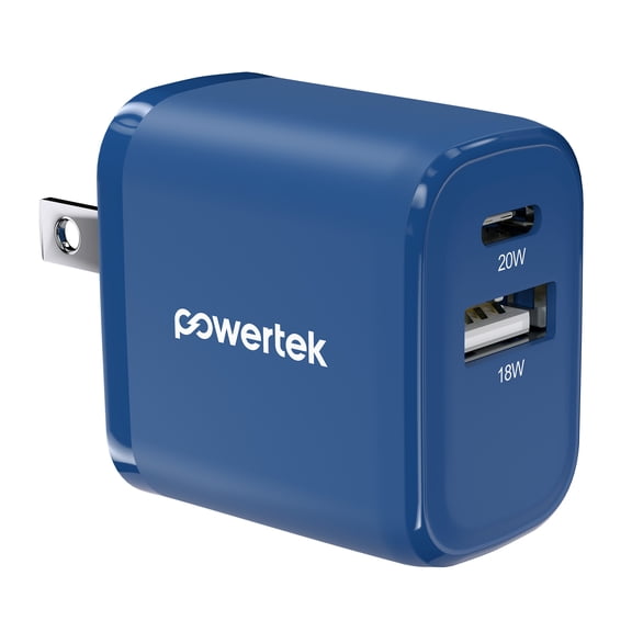 Powertek Ultra 20W USB-C PD + 18W USB-A Wall Charger, Blue, Dual Port Charging Block, Fast Charge Two Devices