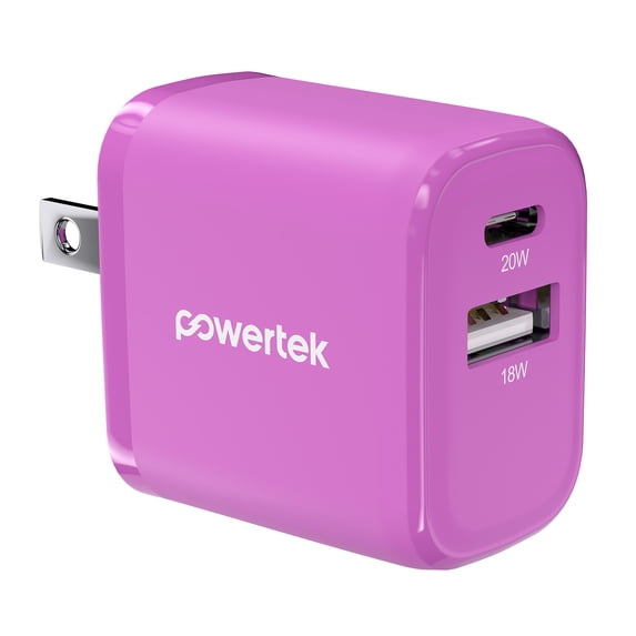 Powertek Ultra 20W USB-C PD + 18W USB-A Wall Charger, Pink, Dual Port Fast Charging Adapter, Charge Two Devices