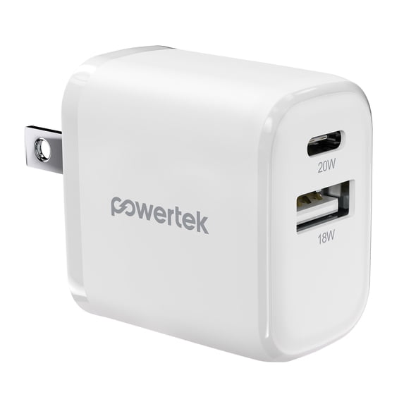 Powertek Ultra 20W USB-C PD + 18W USB-A Wall Charger, White, Dual Port Charging Block, Fast Charging Adapter