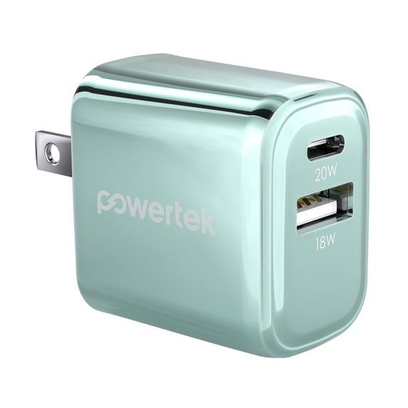 Powertek 20W USB-C PD + 18W USB-A Dual Port Wall Charger, Metallic Shine Pastel, Mint