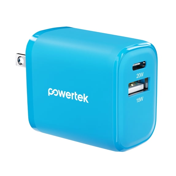 Powertek 20W USB-C PD + USB-A Dual Port Wall Charger, Blue