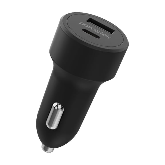 Powertek 20W USB-C + USB-A Car Charger, Fast Charging Power Delivery, Black