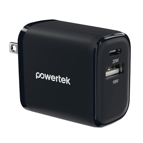 Powertek 20W USB-C + USB-A Wall Charger, Fast Charging Power Delivery Cube, Dual Port Compact Charger, Black