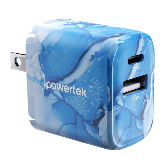 Powertek Marble Dual Port Wall Charger, Blue, 20W USB-C PD + 18W USB-A, Fast Charging, Charge Two Devices