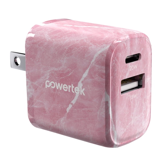 Powertek Marble Dual Port Wall Charger, Pink, 20W USB-C PD + 18W USB-A, Fast Charging, Charge Two Devices, Efficient Performance