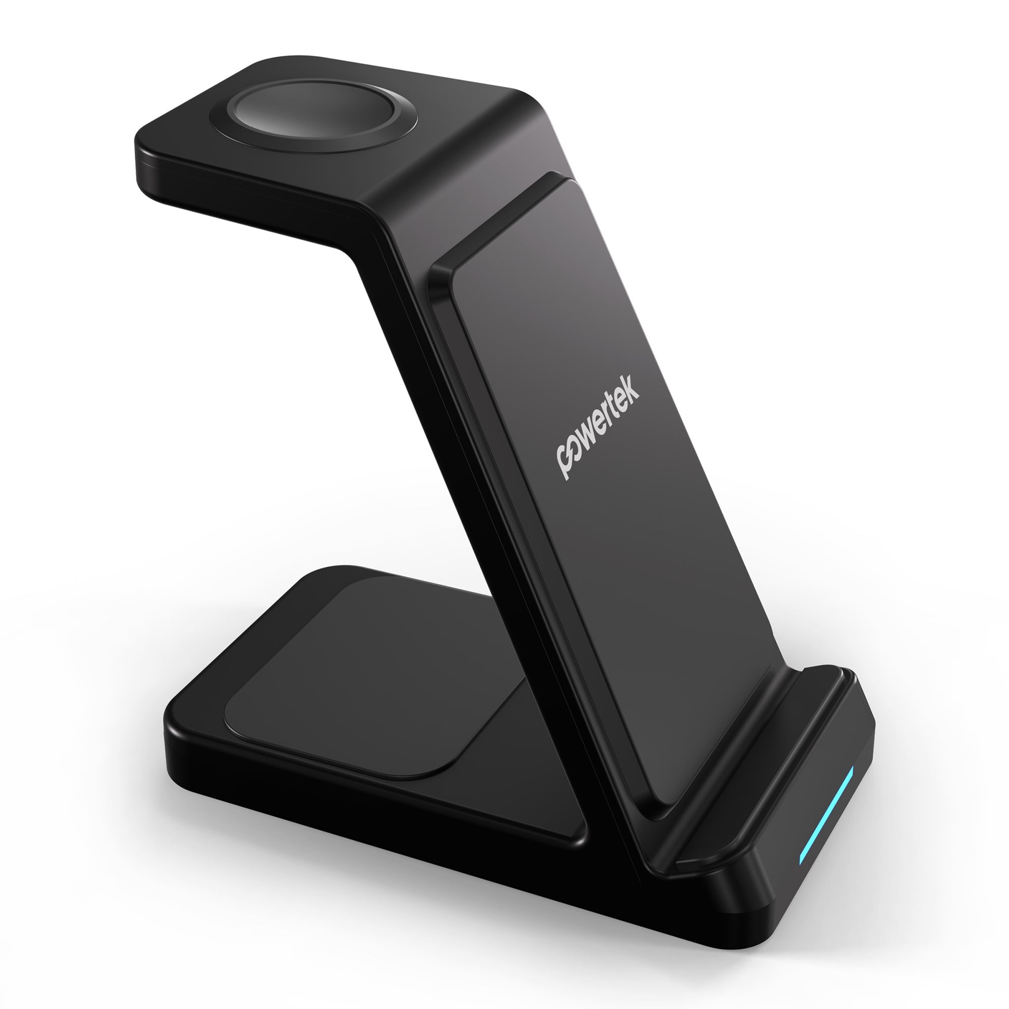 Powertek 3 in 1 Wireless Charge Stand Black, 15W Qi Charging Station, Includes Wall Charger and USB-C Cable