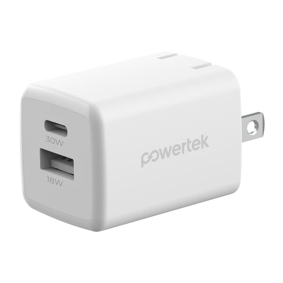 Powertek 30W USB-C + USB-A Cube Wall Charger, Fast Charging Power Delivery, White