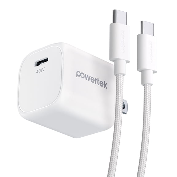 Powertek 40W Bundle in White, with USB-C PD Wall Charger & 5ft USB-C to USB-C Cable, Complete Charging Solution