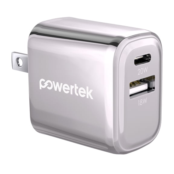 Powertek Luxe 20W USB-C + 18W USB-A Fast Charging Dual Port Block, Silver, Compatible with iPhone, Android, Tablets & USB Devices, Compact Travel Adapter