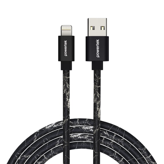 Powertek Marble 6ft USB-A to Lightning Cable, Black & Silver, Fast Charging, Silicone Marble Design, Stable Data Transfer